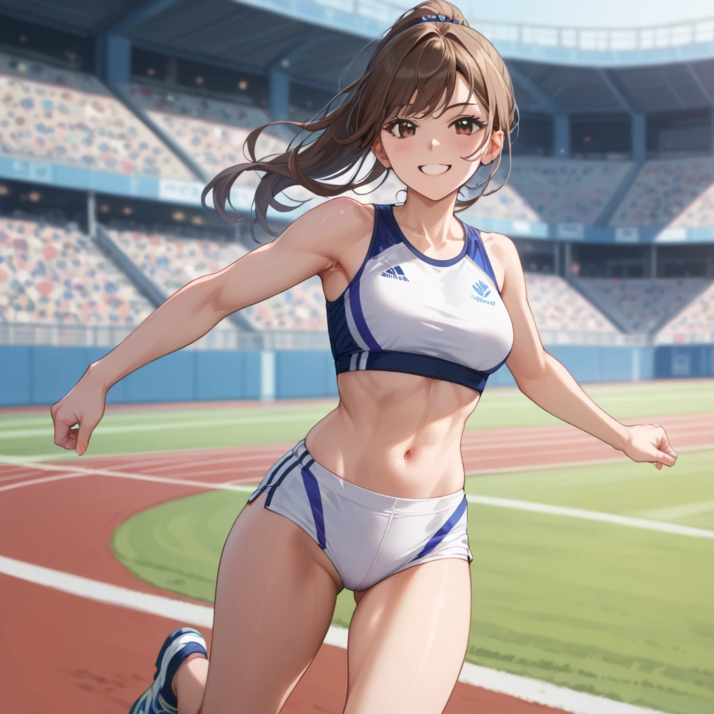 An active 18-year-old girl、Wearing a competitive swimsuit、Mouth open with a surprised expression、Standing with hands on hips、Realistically drawn under a bright athletics track stadium、High resolution images。The water is up to the height of the belly button。