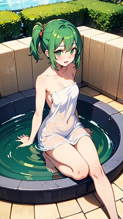 masterpiece hat,hat bow,green hair,green eyes,komeiji koishi,short hair wet nude take a shower with water running from below show off pussy pee lying nsfw