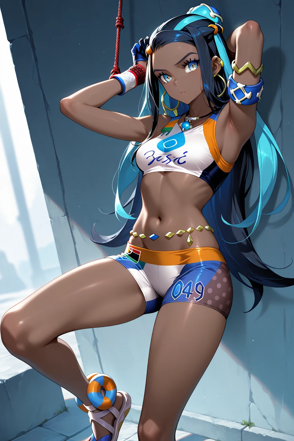 pokemonnessa, <lora:pokemonnessa-lora-nochekaiser:1>,
pokemonnessa, aqua eyes, eyeshadow, dark skin, (dark-skinned female:1.5), hair bun, hair ornament, makeup, long hair, sidelocks, single hair bun, thick eyebrows, black hair, aqua hair, streaked hair, <lora:gekioko_v200:1>,
BREAK armlet, bare arms, belly chain, bike shorts, bikini, crop top, earrings, gloves, half gloves, hoop earrings, jewelry, midriff, navel, necklace, short shorts, shorts, swimsuit, tankini,
BREAK looking at viewer, upper body, full body,
BREAK outdoors, city, sky, sun,
BREAK <lyco:GoodHands-beta2:1>, (masterpiece:1.2), best quality, high resolution, unity 8k wallpaper, (illustration:0.8), (beautiful detailed eyes:1.6), extremely detailed face, perfect lighting, extremely detailed CG, (perfect hands, perfect anatomy),