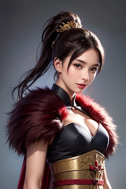 concept art, dark theme, low light, ((score_9), score_8_up, score_7_up), score_6_up, score_4_up, score_5_up, 1girl, solo, weapon, sword, brown eyes, jewelry, freckles, brown hair, looking at viewer, mole, long hair, lips, earrings, mole under eye, head rest, blurry background, portrait, blurry, closed mouth, weapon on back, hand on own face, necklace, fur trim, ring, black hair, katana, upper body, ponytail, sheathed, bangs, sheath, realistic, day, bridal gauntlets, <lora:sinfully_stylish_SDKL:0.8> <lora:Concept Art DarkSide Style LoRA_Pony XL v6:0.8>