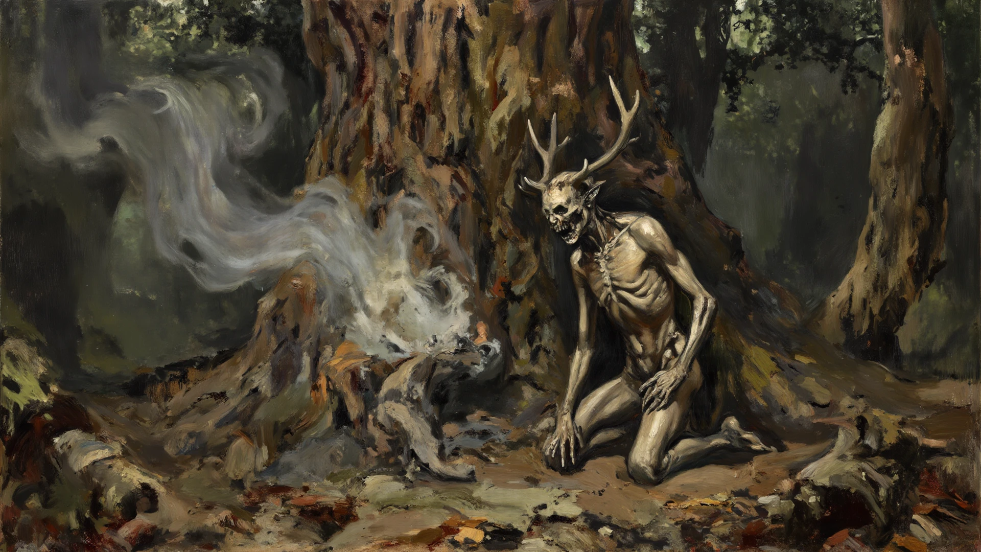 no humans, scenery, outdoors, shadow, animal, no humans, rabbit, traditional media, too many, animal focus, glowing, dark atmosphere, scary, horror