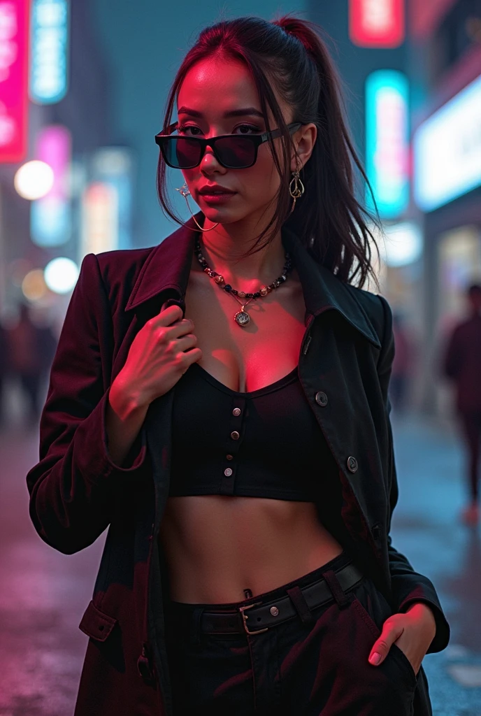 Vibrant, high-contrast, urban-style photograph featuring a person Cyberpunk Girl in a futuristic cityscape. The subject is wearing a camouflage-patterned jacket with the hood up, and large, reflective pink sunglasses that obscure their eyes. They have fair skin and are posing with one hand touching their chin, showcasing a detailed tattoo of an animal face on the back of their hand. The background is filled with neon lights and signs in various colors, predominantly blue and pink, creating a cyberpunk aesthetic. The overall composition is dynamic and visually striking, with a focus on the interplay of light and color.UHD, masterpiece, anatomically correct, super detail, best quality, textured skin, award winning, 4K