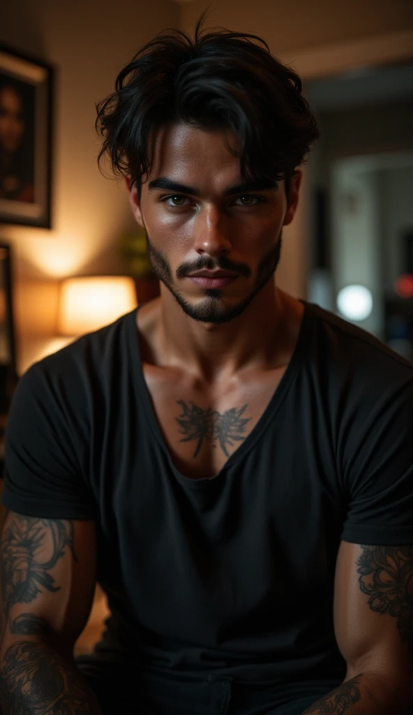 a young man AI high quality muscular tattoo with name “ruy” light skin tanned piercing gaze pink mouth with realistic animated bedroom background
