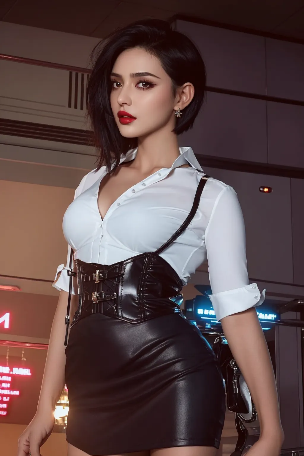 Solo, (real Police Uniform, Policewoman), super short skirt,  half unbuttoned shirt showing cleavage, Stockings, City Lights, full body, dynamic pose (Looking at the audience: 1.3), Lips Apart, Red Lips, Shiny Skin, Best Quality, Ultra High Resolution, RAW quality, 32 K (Realism: 1.4),  