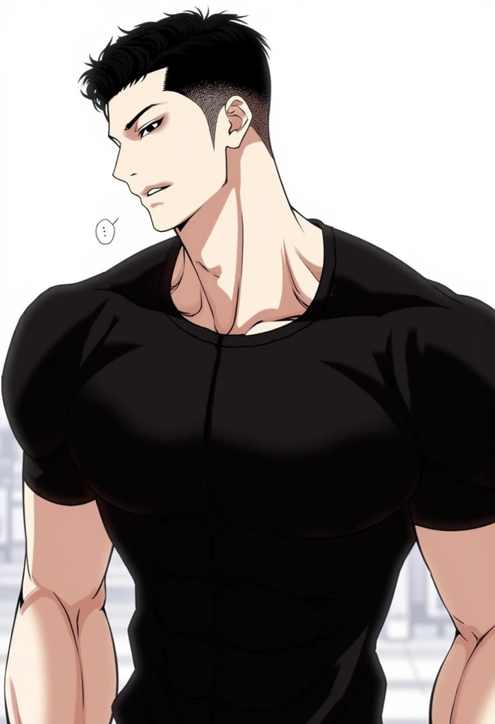 A handsome man with a tall texture and a sturdy and slim body, wearing a tight black t-shirt and visible muscle tone, wearing sunglasses, like Gojo Satoru