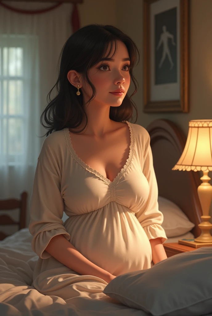 Pregnant women、Happily rubbing her swollen belly、sit on the living room sofa