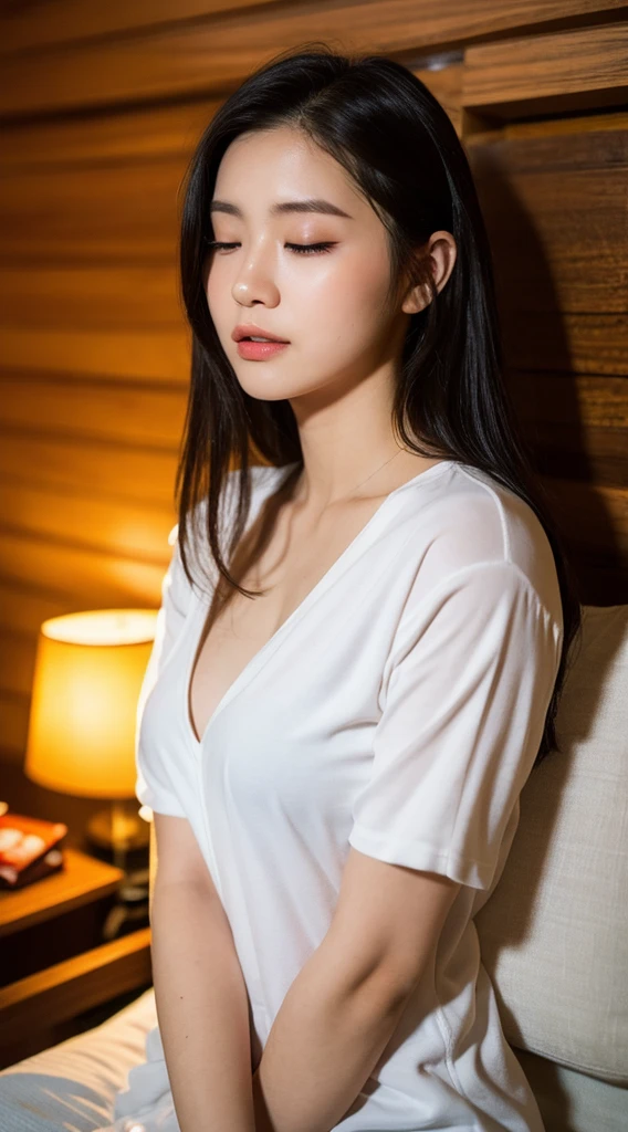 8k, masterpiece, RAW Photos, highest quality, Realistic, Highly detailed CG Unity 8k wallpaper, Written boundary depth, Cinematic Light, Ray Tracing,(Very beautiful face, Beautiful Lips, Beautiful Eyes), (dense beautiful skin) , One girl, Very cute 14 year old Japanese girl, Always wears glasses, (Very slim figure:1.3), body type, Young body, Young face, (Big Breasts, Very large breasts, Very huge and soft bust, 120cmJCup Bust) ,Small Ass, Beautiful black long hair, Wearing pajamas, Realisticでリアルな日本のマンションの寝室, Lying in bed,The cutest photoshoot ever