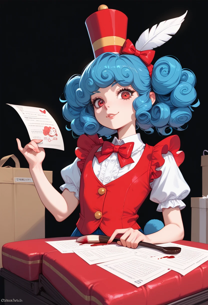 SHE is a  anthropomorphic gumball machine sported scampering red legs with brown shoes. SHe has a red nose, a glass head, green eyebrows, a green body with a blue switcher, and a blue cap that resembles a hat. SPARKLE; GLITTER