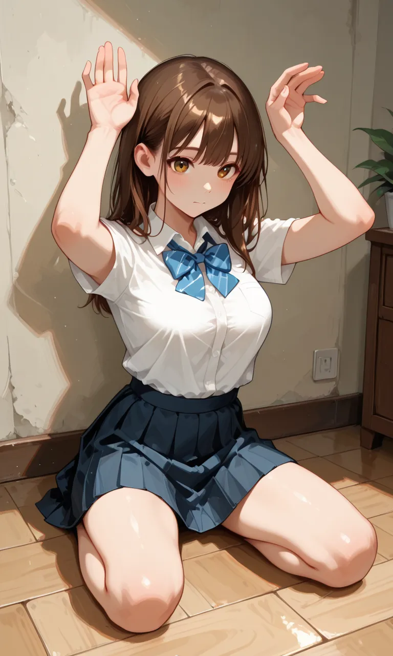 government girl in school uniform lifting her skirt to show her pussy and panties lowered to her knees


