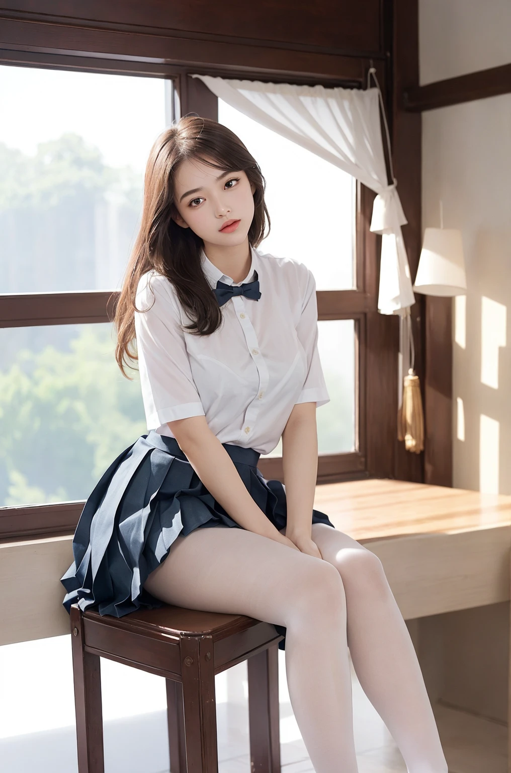 High Quality, Masterpiece, Highly Detailed, High Resolution, 4K, Ultra High Definition, Detailed Shadows, Ultra Realistic, Dramatic Lighting, 1girl, Solo, Detailed Face, Realistic Eyes, Realistic Skin, Dynamic Hair, Dynamic Pose, Dynamic Angle, White Flower Dress, White Background, ulzzang-6500-v1.1, (raw Photo:1.2), ( photorealistic:1.4), beautiful detailed girl, very detailed eyes and face, beautiful detailed eyes, ridiculous, incredibly ridiculous, huge file size, super detailed, high resolution, very detailed, best quality,
(Bright indoor), (soft light), (low contrast), (shallow depth of field), (portrait of a beautiful woman illuminated by gentle light), (extremely delicate and elegant depiction), (short length bangs), (hair color is a dark chestnut shade with a slight brown tone), (hair with a subtle and gentle wave), (small braids intricately woven on the side of long hair), (adorned with a thin ribbon), ( white blouse with small frills), (bow tie), (blue long skirt), (white short ankle socks), illustration, very detailed, CG, unified, 8k wallpaper, amazing, fine detail, best quality, Very detailed CG unified 8k wallpaper, face light, movie lighting, 1girl, 16 years old, ((no panties)), ((dynamic pose))), (camel toe), (half), (bent knees and legs sitting))