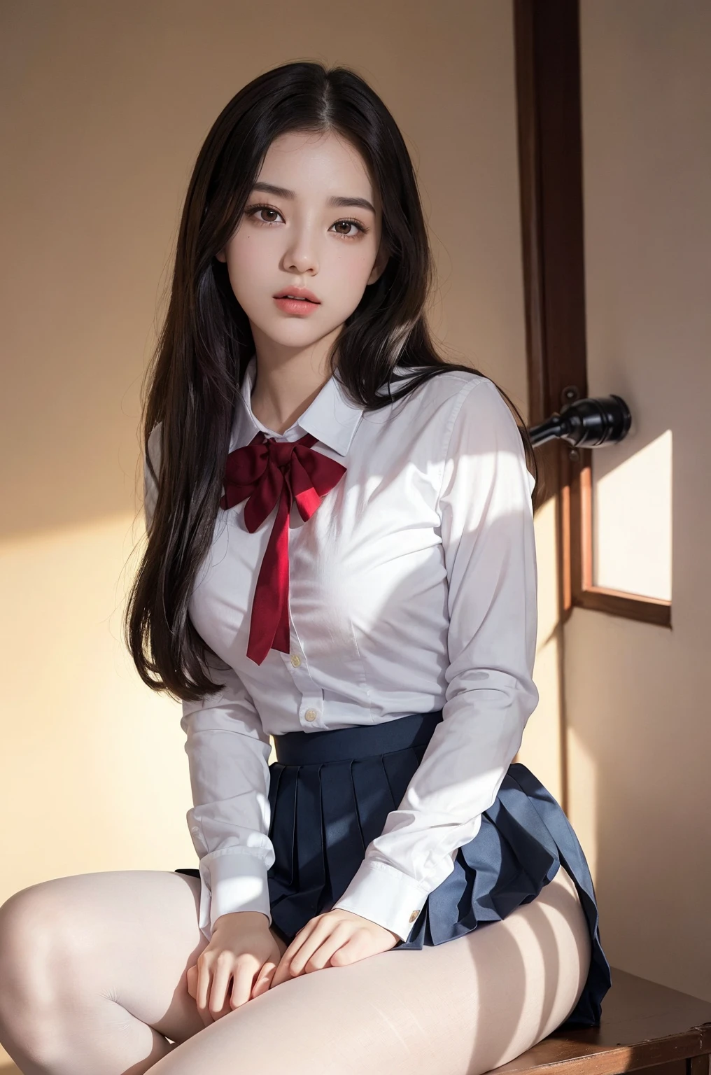 Realistic, High resolution, Soft Light,1 Female, alone, (Detailed face),(Female student), jewelry, ((sitting at a desk in the classroom)),((Hair with colored mesh))、((translucent、White blazer、White blouse、Loose red bow tie、Check skirt))、style,(Medium sized breasts), Long Hair、((ponytail))、((Rear-up skirt))、((mix4))、((Colorful colored hair)),(Underwear is visible),(The skirt is soaring),