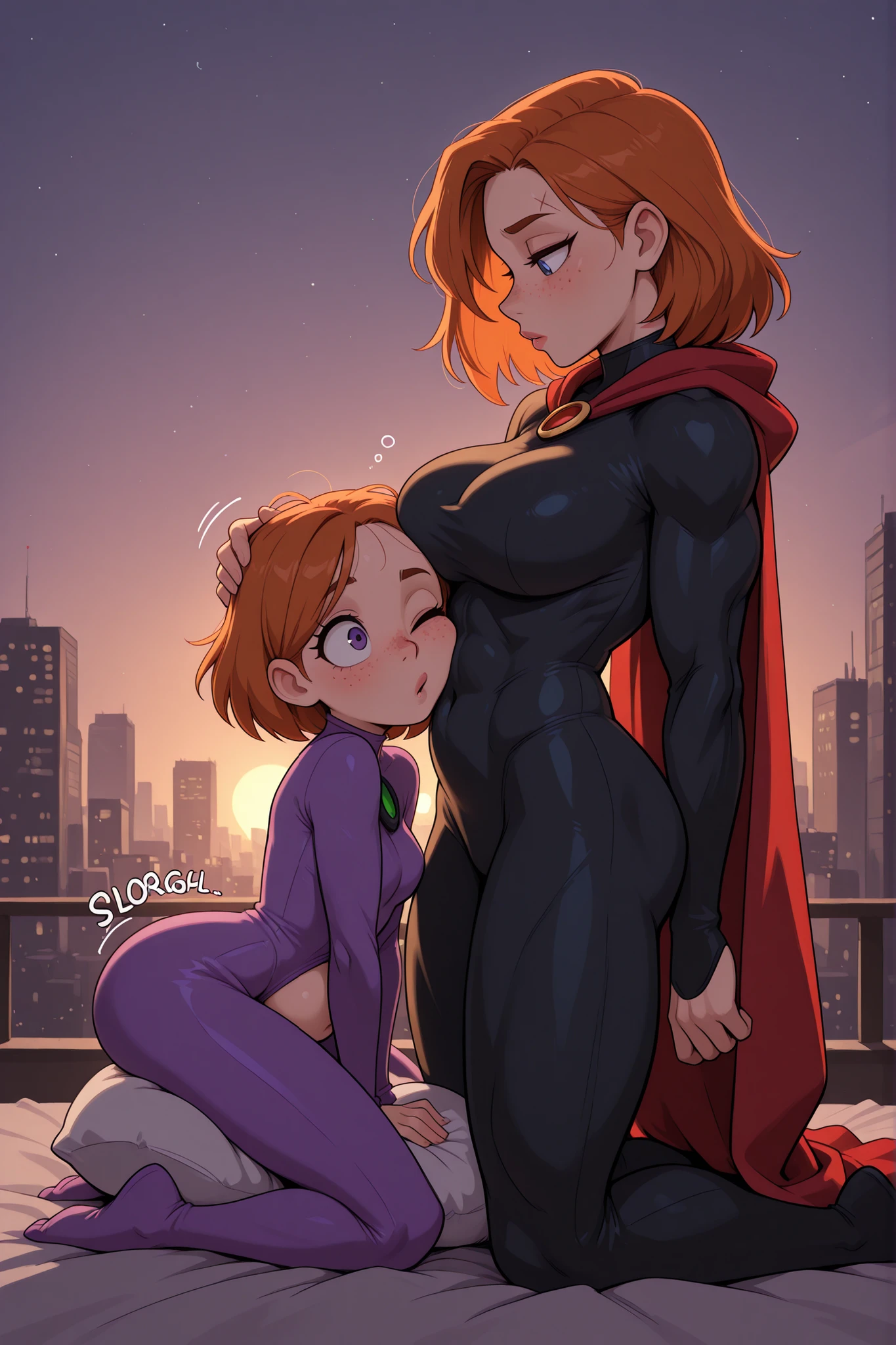 masterpiece, high quality, best quality,
cityscape, supervillain bodysuit, cape, toned, abs, muscles,
visible forehead, freckles, moles, detailed eyes, detailed lips,
slim body, slim waist, slim belly, skinny, athletic, slight muscles, large breasts,
underlighting, light, flat colors,
profile, sideview, from the side,
2 females, different hair colors, different haircuts, different clothes and colors, standing, kneeling, belly pillow,
one female resting her head on top of her sister's belly, a woman pressing her ear against her sister's belly, side of the head pressing against her sister's belly, listening to her sister's belly, leaning against belly, head next to belly, head resting on belly, ear pressed to belly, head pressed above navel, both eyes visible, face turned outward toward viewer, eyes leering at belly, facing viewer, curious expression, one eyebrow raised,
digestion SFX, "gurgle" and "slosh" and "glorp" sound effects from her stomach,