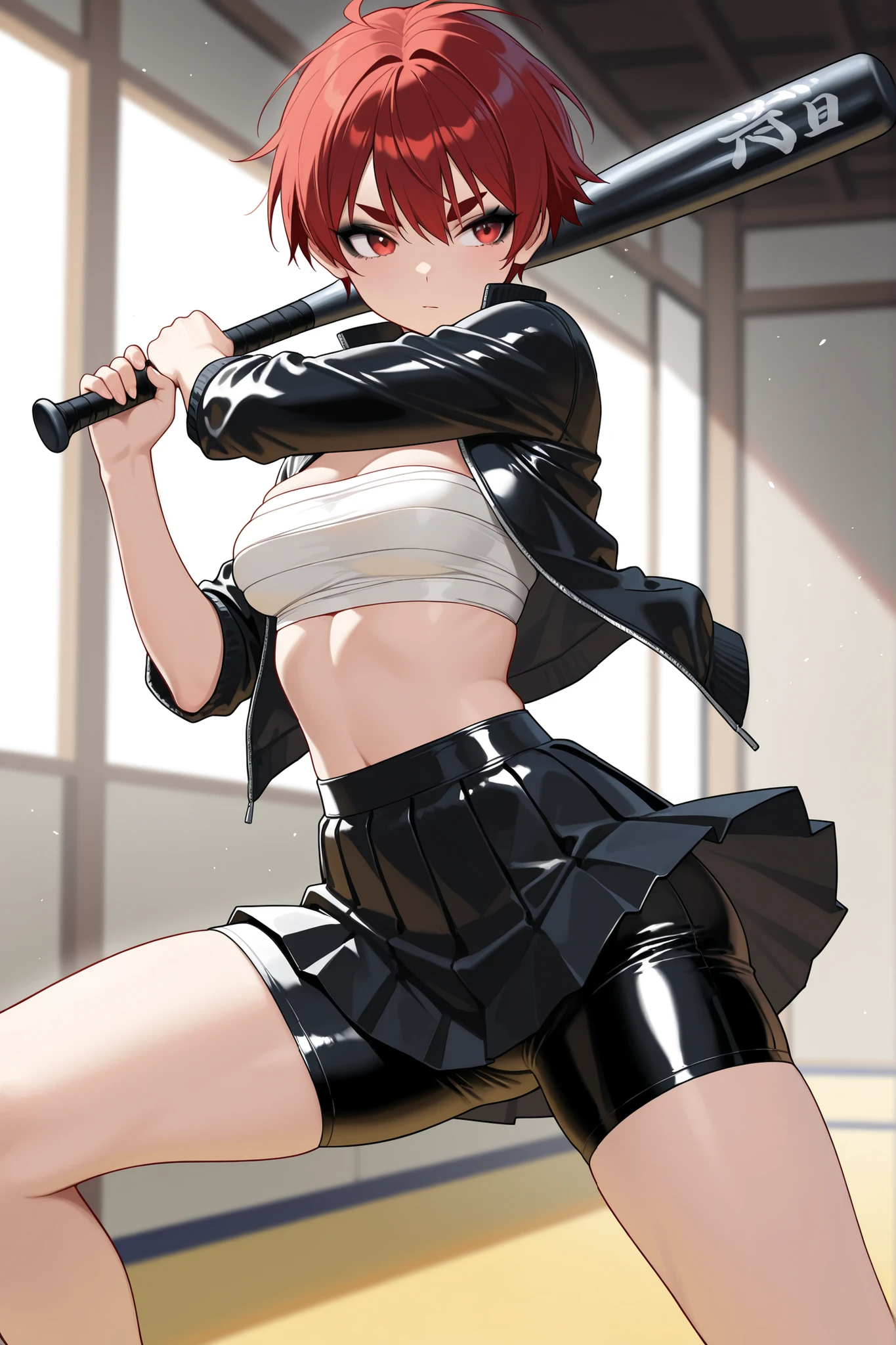 green eyes, (green color hair:1.2),By bang,short hair, white crop top, elbow pad, fingerless gloves, suspenders, pleated skirt, red boots, (perfect hands, perfect anatomy),