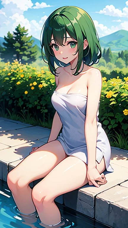 young girl, White skin, short-haired green, green eyes, naked showing vagina, showing her body in a garden of beautiful flowers, sitting with one leg to the right and the other leg to the left separated on a rock with the water
