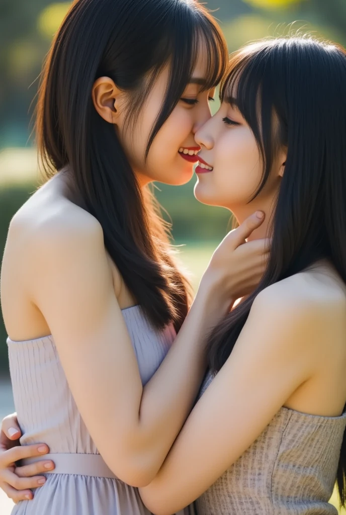 (Highest quality、4K、8k、High resolution、masterpiece:1.2)、Very detailed、(Real、Photorealistic、Photorealistic:1.37)、two girls hug and kissing