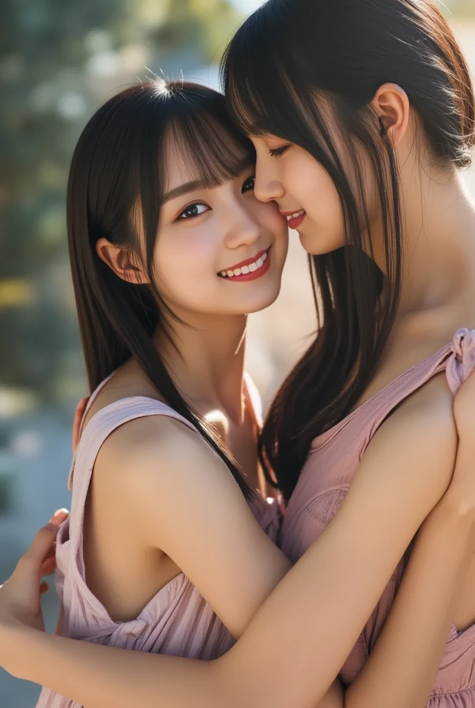 top-quality、masterpiece、a beautiful Japanese 、thirteen years old、(nudity:1.3)、Happy smiling face、((looking at the viewers))、Blushing、cowboy shot, hugging sister