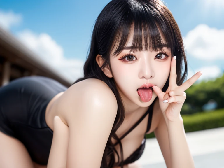 triangle-bikini,(open mouth:1.5),(tongue out:2),standing,hand on own chin,finger to own mouth,eye level shot,front view,upper body,(1girl,Beautiful 14 year old girl,teenager),((Slender,Small breasts,Small face,)),(looking at viewer),Black Hair,bangs,straight,Beautiful and detailed,(Dimly lit room:1.5),shower room,Mischievous smile