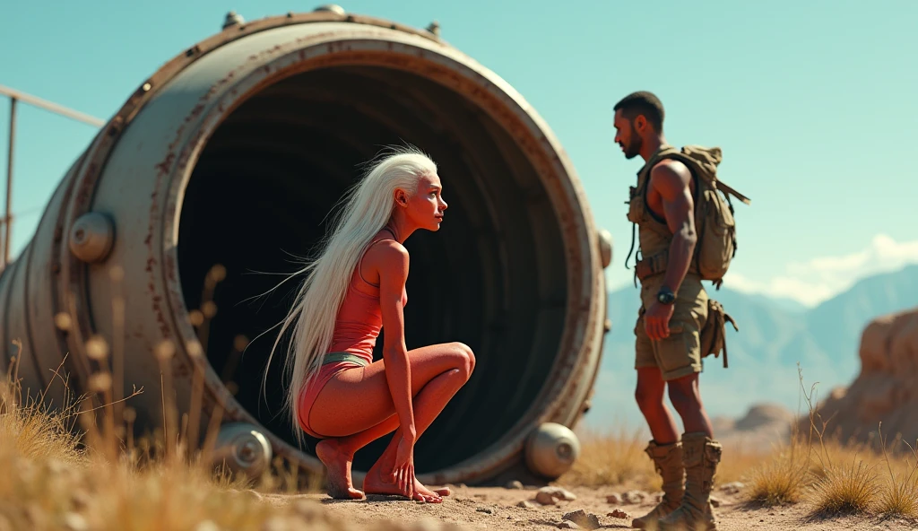 There are four 18-year-old men on the beach , 8 K 3D, television screenshot, are looking at a girl with long white hair, She's alone in a boat of hers, piso, Paisagem, Barco