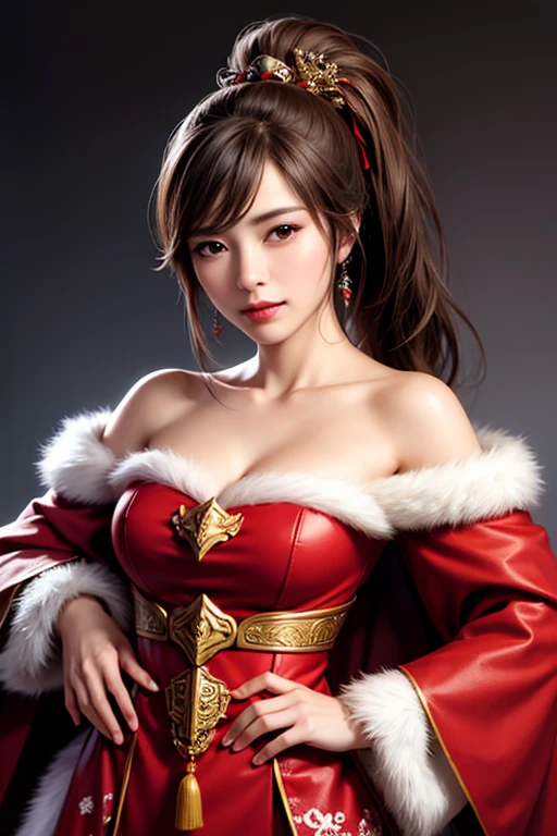 fighting stance,1girl,(ultra detailed skin),curvy,petite,beautiful breasts,large breasts,pale skin,pointy breasts,erect nipples,(fantasy art,Highest image quality,Hyperrealist portrait,(8k),ultra-realistic,best quality, high quality, high definition, high quality texture,high detail,beautiful detailed,fine detailed,extremely detailed cg,detailed texture,a realistic representation of the face,masterpiece,Sense of presence,Dynamic,bold),(thin hair),(soft hair),(straight hair:1.5),Swept long bangs,extra light coppery amber hair,hair over one eye,((clothed:1.5),leather boots,leather gauntlet,(santa dress armor:1.5),(long silk sarong:1.5))),mecha musume,girl