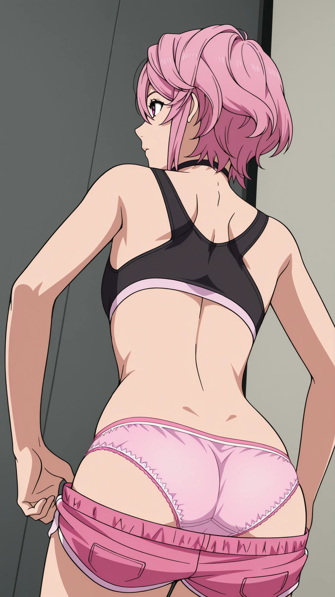 1 girl, bare shoulders, black hair, medium breasts, (muscular legs), muscular belly, wide hips, thin waist, (((clock eyes))), (wearing a very short and sexy bikini), (((in the bedroom from motel))), full body, hair band, (with her back to me showing her big ass to me), heterochromia, black high heel shoes, lolita hair band, long hair, Looking at the Viewer, red eyes, smile, alone, symbol-shaped pupils, (Kurumi Tokisaki), twintails, yellow eyes,