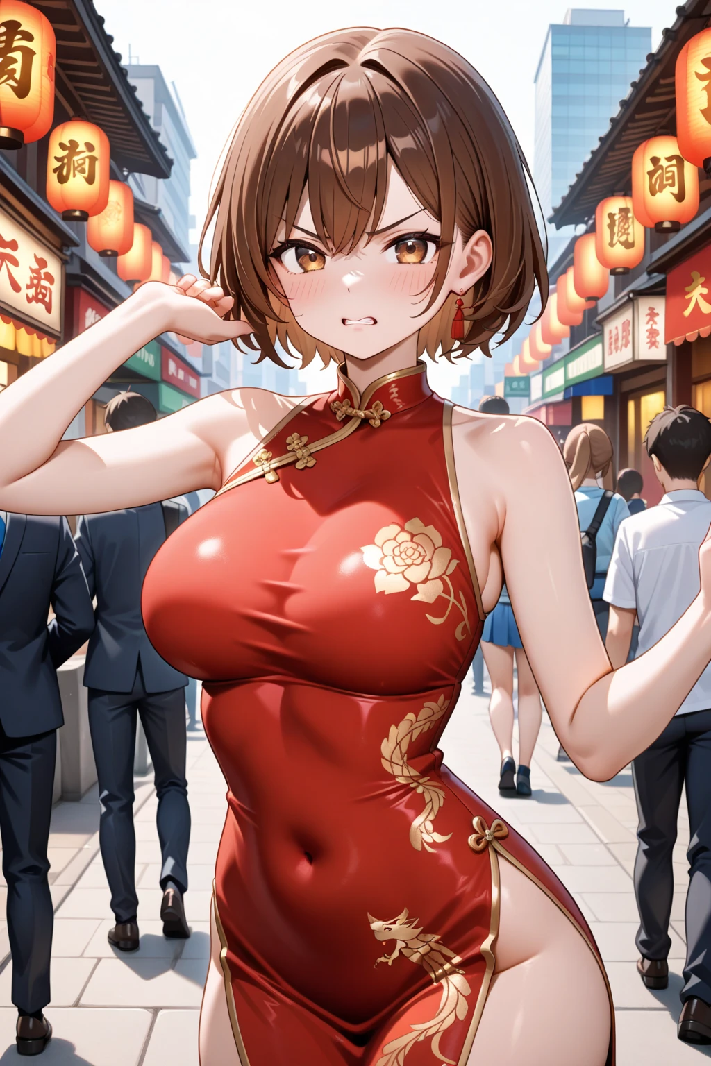 ((high reasterpiece), perfect anatomy, perfect shading, field of depth, (best quality), extremely delicate and beautiful, perfect lighting, detailed face, ultra cute face, cute, (cowboy shot 1.2), looking at viewer, full body, ((1girl)), ((solo)),
short hair, fluffy hair, brown hair, green eye, ((blush)), nervous ((red chinese split dress 1.2)), extremely tight clothes, medium breasts, cleavage, perky breasts, (((wide hips))), ((thick thighs)), (chubby), chubby belly, fat rolls, belly hang,
street, town, chinese festival, night time, intricate background, detailed background, standing,