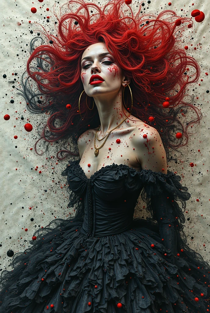 In a shocking contrast of elegance and turmoil, a Renaissance-style fragmented gothic woman of an abstract form is depicted in purgatory slowly dissolving into red dark jelly + ominous spectral dark matter. This captivating image portrays contortion in pain as the materials shift and blend. The high-quality photograph showcases the intricate details of the sculpture, from the delicate curves of her face to the flowing lines of her gown. The vibrant colors and striking imagery evoke a sense of deep emotion and artistic skill, drawing viewers into the gripping narrative of suffering and transformation. A harrowing Unsettling image (hyper realistic) (insanly detailed) (hyper stylized) (Macabre)
