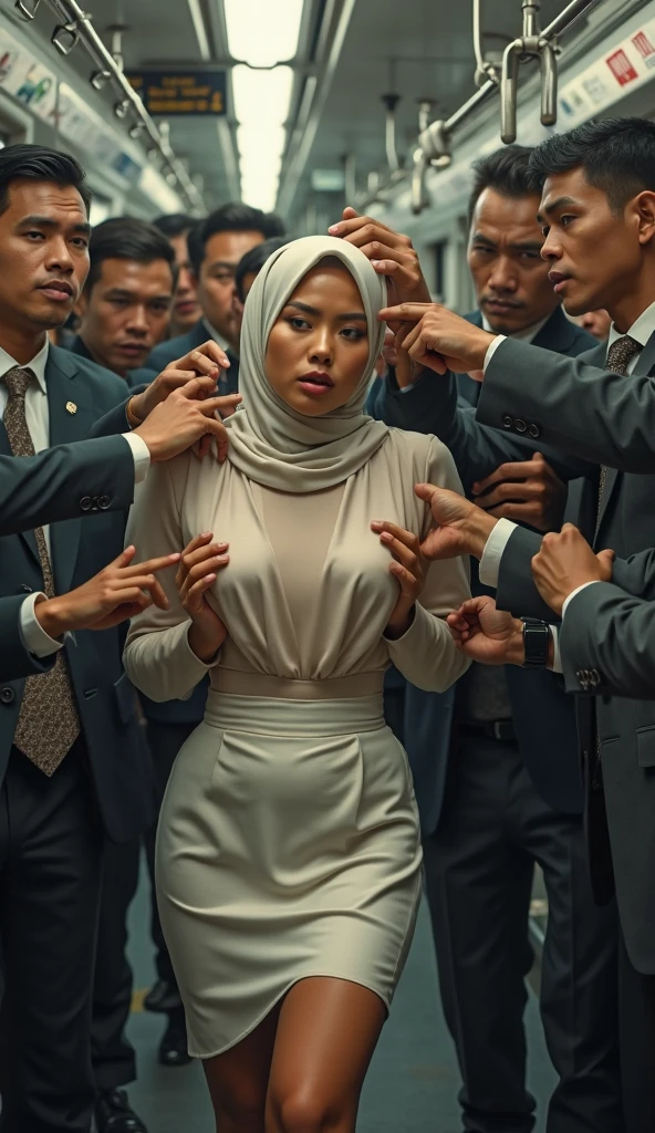 Show a Malay female kneeling down. Scared. Wearing hijab, skintight inner and leggings. Surrounded by many men smiling.