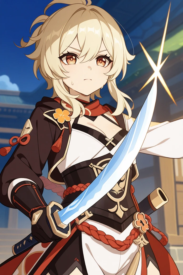 ((Wooden Humanoid Robot)),kimono,Wood grain body,Made to resemble a girl,knife,Combat Ready,The background is a castle town,Jet engine on your hip
