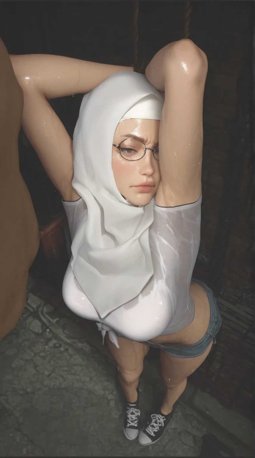 18-24 years old female wearing hijab. fair skin tone, average body, tall, normal weight, average breast, naked. crying expression. with small room background. The photo has a bdsm mood. The photo is a top half body shot. Taken from a 2nd person view angle. her hands is tied up with rope. she is looking upward kneeling. she got semen all over her face and breast.