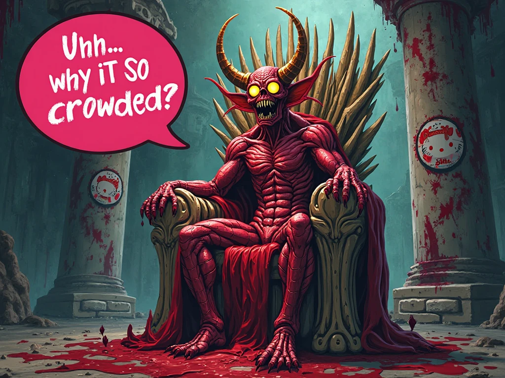 "Create a 3D model of a muscular demon sitting on a cracked, golden throne. The demon has bright red skin, large curved horns, and fiery hair. He has a satyr-like lower body with fur-covered legs ending in hooves. The demon appears deep in thought, resting his head on his right hand, and is wearing a blue tie, adding a humorous contrast to his menacing appearance. The throne is surrounded by large, sharp spikes, with skulls of various creatures impaled on top. The environment is a hellish landscape, with molten lava flows, fiery skies, and dark clouds. The style should be highly detailed, with emphasis on textures and color vibrancy, capturing the intense and chaotic atmosphere."