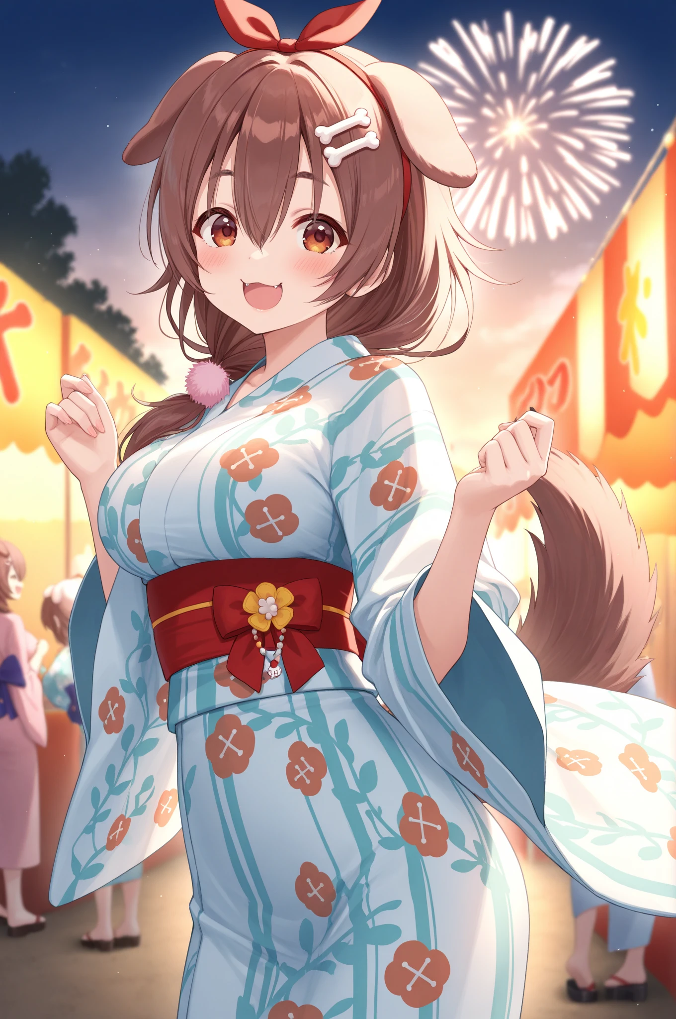 (Highly detailed CG Unity 8k wallpaper), (Best Quality), (Super Detail), (Best Illustration), (Best Shadow), POV, Realistic lighting and shading, Natural light, Lens flare effect, BREAK, 1 beautiful girl, Solo,(Cute:1.5),(Chibi:0.8), (kawaii:1.5),(Lori:0.5), BREAK,  ( (17 years old girl), Very detailed, colourfull, highest details, BREAK, (Huge breasts: 1. 2,), Clear skin, Beautiful skin, Shy skin, 1 beautiful girl, Brown hair wet with sweat, (Cat ears, Side tail,medium-Long hair: 1. 2), (Light blue eyes, long eyelashes, Double eyelids: 1. 2), Solo,  gleaming skin, BREAK,(bath robe,Dark blue obi kimono:1.2), (White ruffled bra shows off:1.2),  (star-shaped earring:1.1), (Hair ornament in the shape of the moon:1.0), (Red clogs:1.3), (Arms spread with high tension:1.1), (is standing,Slouched:1.3), Angle from chest to top, (Angle from below,Emphasizes cleavage:1.1), BREAK, (omatsuri:1.2), (Fireworks:1.4), (edo period:1.4), (Summer festival:1.2), (food stand:1.4), Paper Lante
