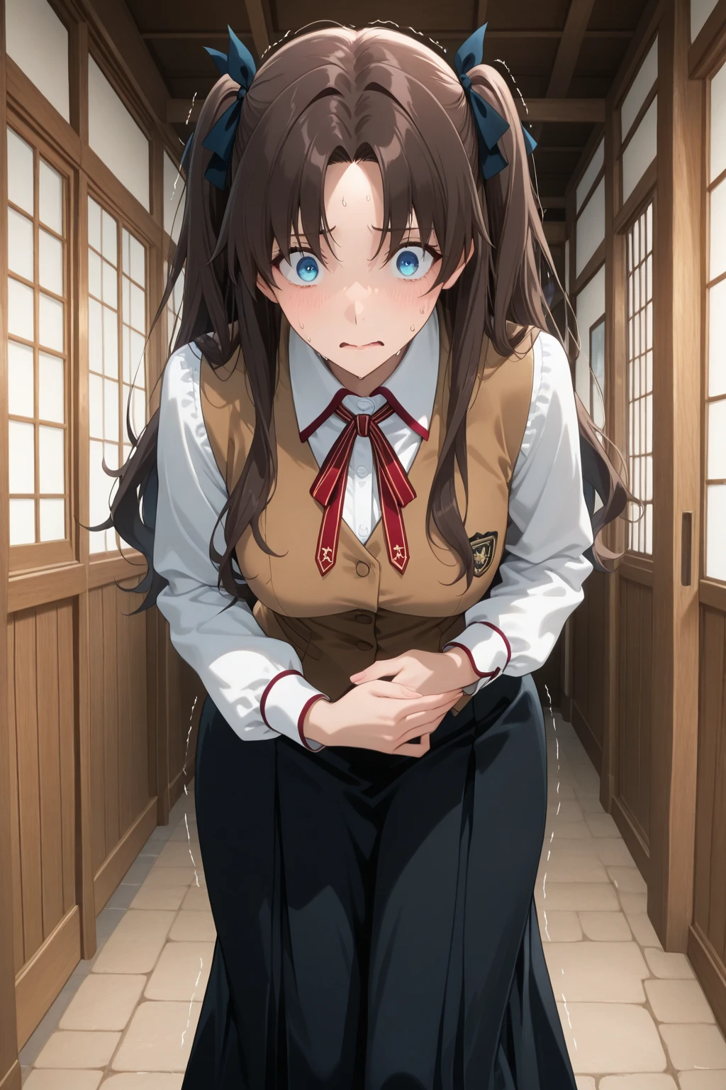 best quality,4k,8k,highres,masterpiece:1.2),
Chocolate brown hair, lilac eyes,
,white shirt,collared shirt,necktie,sweater vest,
pleated skirt,
socks,
shoes,
night,school,corridor,hiding,