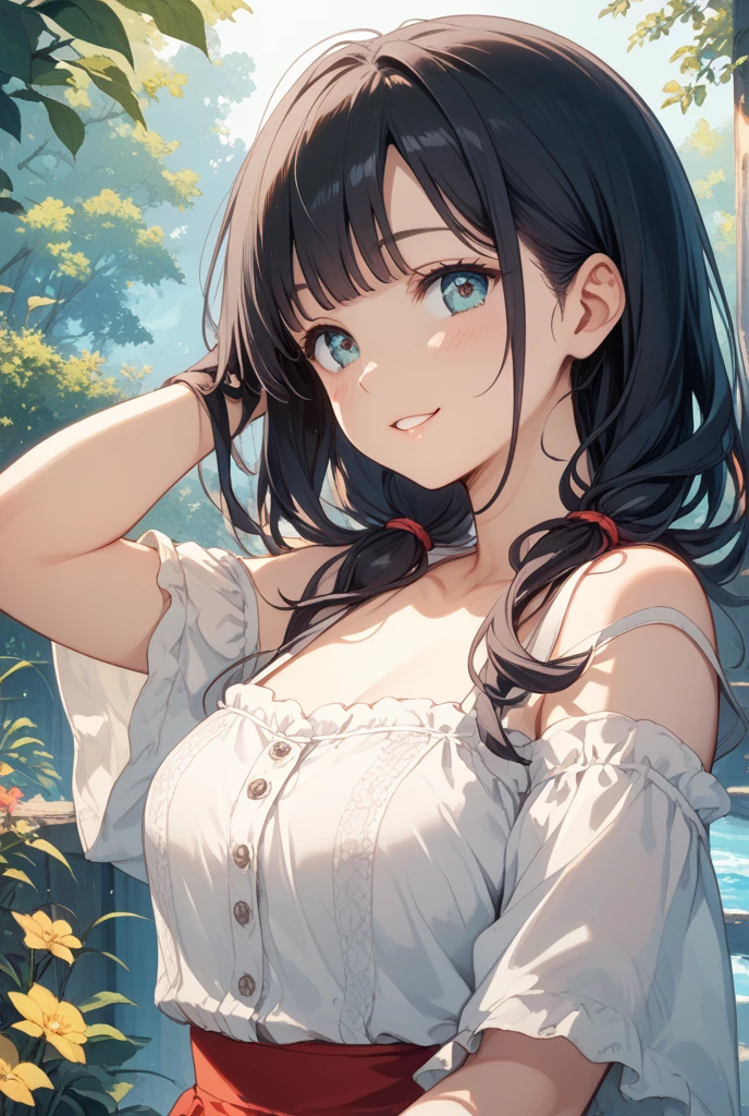 looking back,Detailed CG,Ultra-fine illustrations,masterpiece,Highest quality,BREAK(Blue:1.5) and (off shoulder blouse)BREAK,Realistic,Real person,RAW Photos,Realistic(Pale skin:1.2),Glowing Skin,Shiny Hair,(A 26-year-old woman with medium-length hair and bangs)and(Wavy Hair)and(Brown Hair)and(Orange eyes),(light smile:1.3),The background is a park