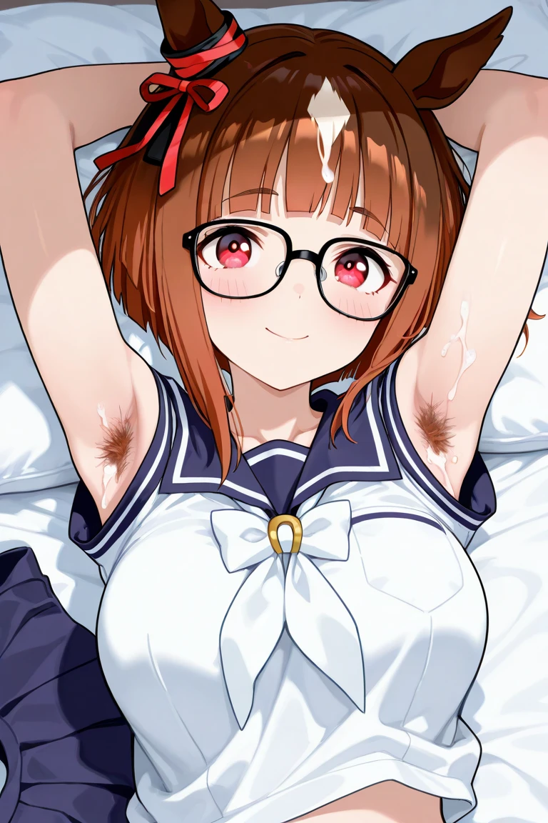 (masterpiece, highest quality), 1 girl, Transcend \(Umamusume\),((masterpiece,highest quality)), confused, Transcend_Umamusume,short hair, red eyes,masterpiece,highest quality,Red Under-Rim Glasses,smile, looking at the viewer,masterpiece, highest quality, Super detailed,super resolution,full body,beautiful face,(beautiful pussy),(beautiful nipples),very high resolution,cute,(pussy juice),nude,(huge breasts),((bristly pubic hair1.3)),(masterpiece,best quality:1.4),absurdres,high resolution,super fine,best illustration,shiny skin,shiny hair,detailed skin,detailed face,detailed eyes,BREAK,(1boy,penis:1.2),nipples,open clothes,blush,embarrassed,fog,pussy,navel,looking up viewer,
(pov,intense sex,vaginal:1.5),ecstasy,orgasm face,arched back,(motion lines,motion,trembling:1.2),cum in pussy,(excessive cum:1.3),(from above:1.4),bedroom,(on back,lying on bed:1.2),((1boy pov grabbing breasts1.4)),(extreme face close up:1.6),(closed eyes),(thick lip),(kiss),