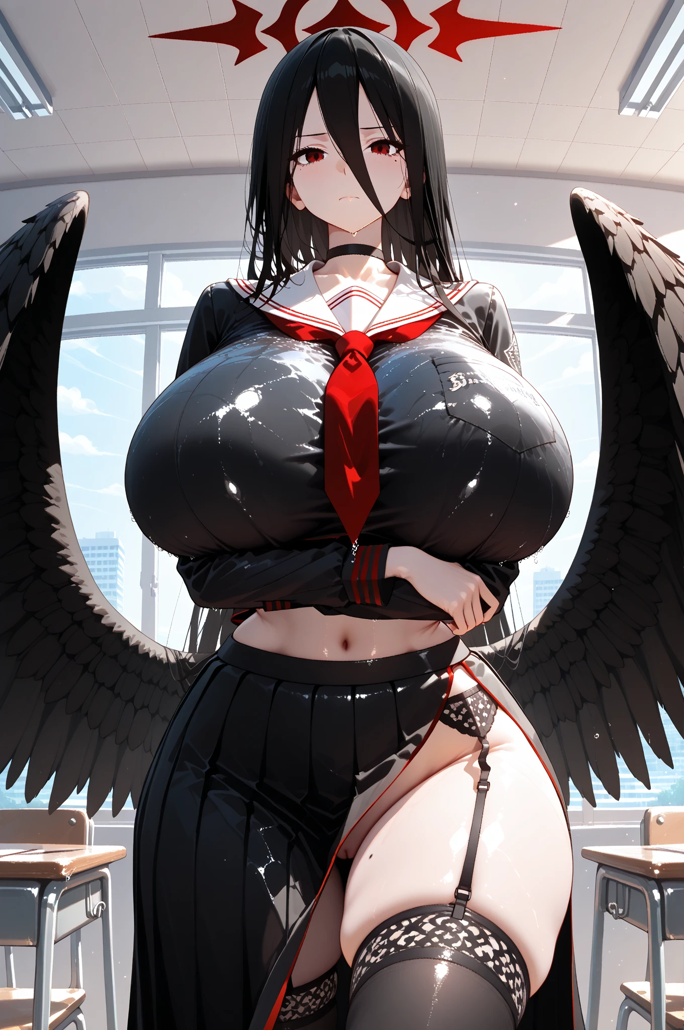 ((nsfw)),(gigantic breast:1)),(masterpiece, best quality),((high resolution 4k)), 1lady, solo, (white Scales, scaly body), halo, wings,fallen angel, black hair, loose waves, red eyes, white sheer short sleeve t shirt