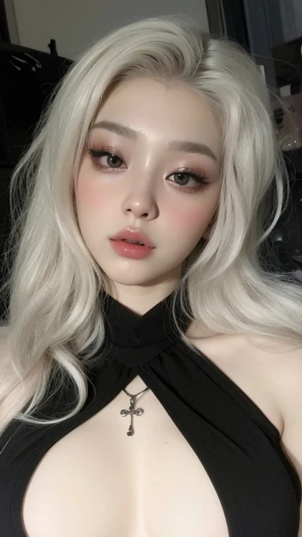 ((masterpiece:1.2、Highest quality、Tmasterpiece))、1 female、alone、classroom、Day、(Korean Idol:1.2)、(Are standing:1.4)、blonde、(Hime Hair:1.4)、Wavy Hair、Medium Hair、Beautiful feet、break、((Princess Dress:1.4))、(Beautiful white skin:1.4)、(Big Breasts:1.5)、(black tights)、Hoop Earrings、lipstick、Ring Choker、blush、smile、Covered breasts、(Thick lips:1.2)、Detailed body、Very detailed絵画, Luminism、4K resolution、3D Rendering、Exquisitely crafted , Cinematic、Realistic、Hit definition、Abstract Beauty、Approaching perfection, Pure Form, Golden Ratio、Very detailed, Digital photography, Soft natural light, 50mm lens, F1.8 Vacancies、blush、Small face、(Tight waist:1.3),(albino:1.5),(anorexia:1.3),(Sickly:1.2),(Face close-up:1.4),(Short Bob:1.2),(Cabaret Club:1.2)、(Waiting for a kiss:1.3),(Press your chest and push your face out:1.5)、(Kissing Face:1.5),Hotel with a night view,(Kiss the viewer:1.5),(Open your eyes slightly:1.3)