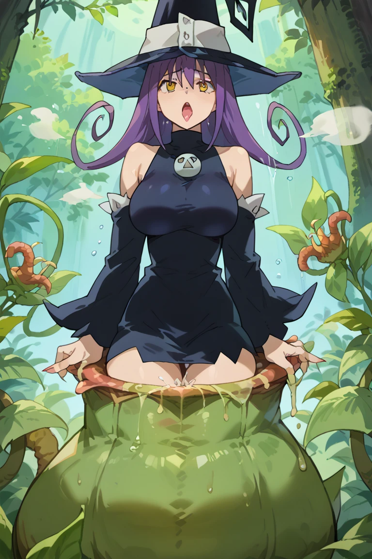 best quality, aesthetic, detailed,1girl,tall female, narrow waist, goth,purple hair,long hair, <lora:alraune_cpt_v01:0.8> alraunecpt, plant_girl, colored_skin, flower, vines, etc.