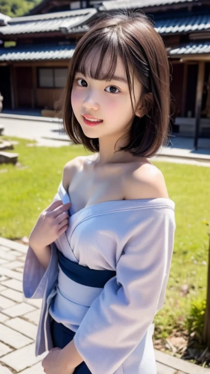 nsfw,Japanese women、26 years old、(naked)、princess、Hairpin、Beautiful nipples、Pink kimono、Brown Hair、ponytail、bangs、(RAW shooting, Photorealistic:1.5, 8k, highest quality, masterpiece, Ultra-high resolution), ((The background is the streetscape of the Edo period.、Old house、River side、))、Farmer、Rural Scenery、countryside、Highly detailed skin and facial textures:1.2, Cute like an idol、aesthetic, Cute and sexy beauty, Perfect Style:1.2, Fair skin, Very beautiful face, Glowing White Skin, (Mid-chest)、Dutch Angle、Low - Angle、Shooting from the side、smile、Walking、
