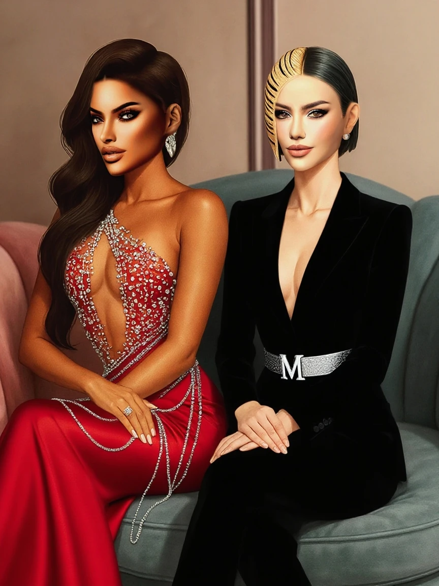 A natural white female, with extra long wavy red n black hair, lashes, tattoos, plump lips, flawless eyebrows, diamond chain, wearing a long flowing gold dress, A live TV show stage with gold couches and a big live screen that says "Real Housewives OF LA" cameras flashing