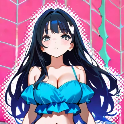 best quality, extremely detailed,anime style girl,long hair down to the waist, straight hair, ((dark black hair with bluish)),braid,beautiful detailed eyes, pinched eyes, ((dark blue eyes)),huge breasts,curvy,((colorful cutie big ribbon Bikini)),hair ornament,beach side Luxurious room,smile,((active pose))