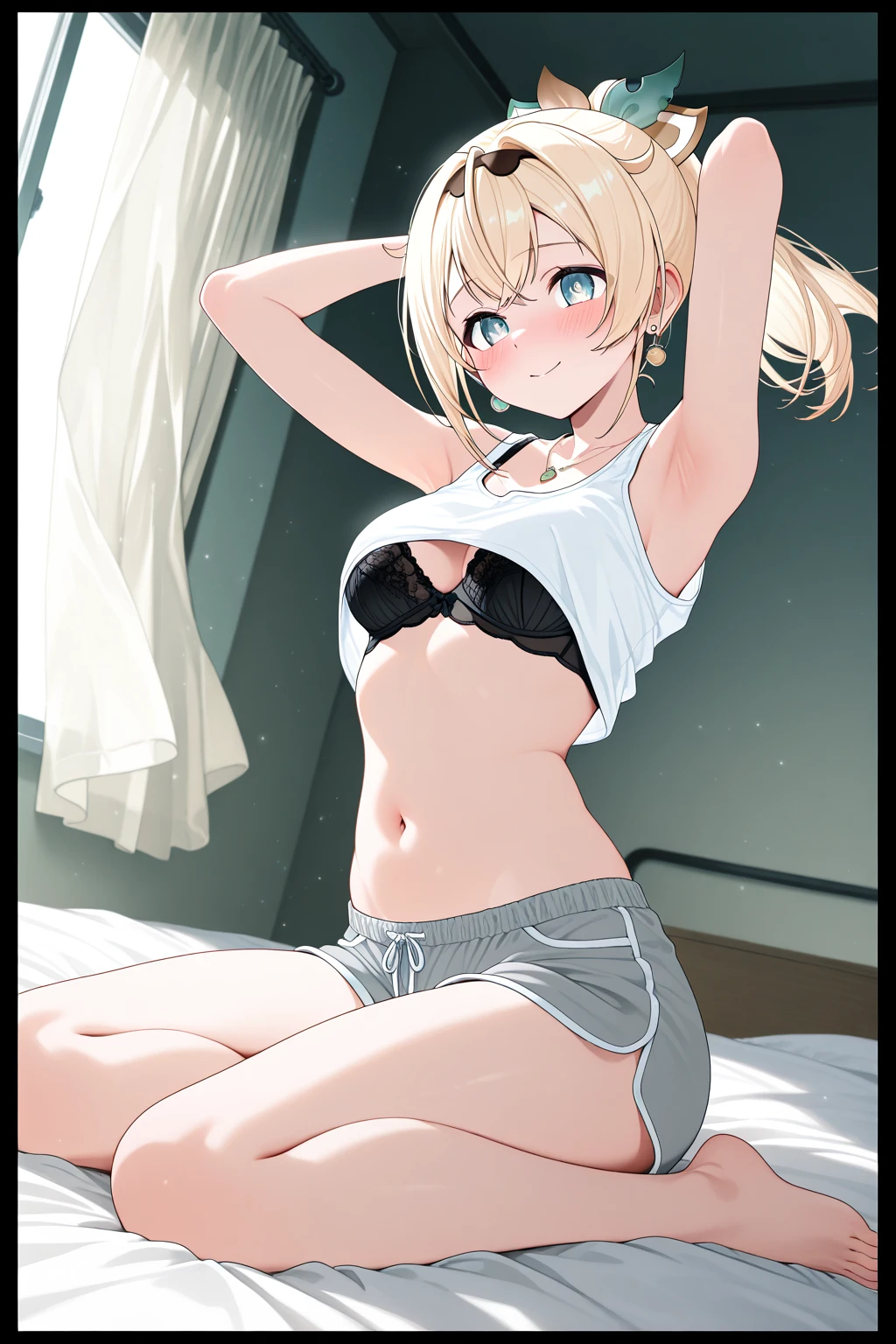 Young, blonde haired girl, medium breasts, comfy white t-shirt, black lace panties, sitting on bed, smiling, smile