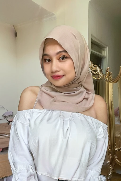 "Write a scene where a beautiful girl, wearing a hijab, ((bright white skin)), ((wearing bra)), ((body slims)) (big hug breasts)), nsfw, anxiously waits in her bedroom for someone important to arrive."