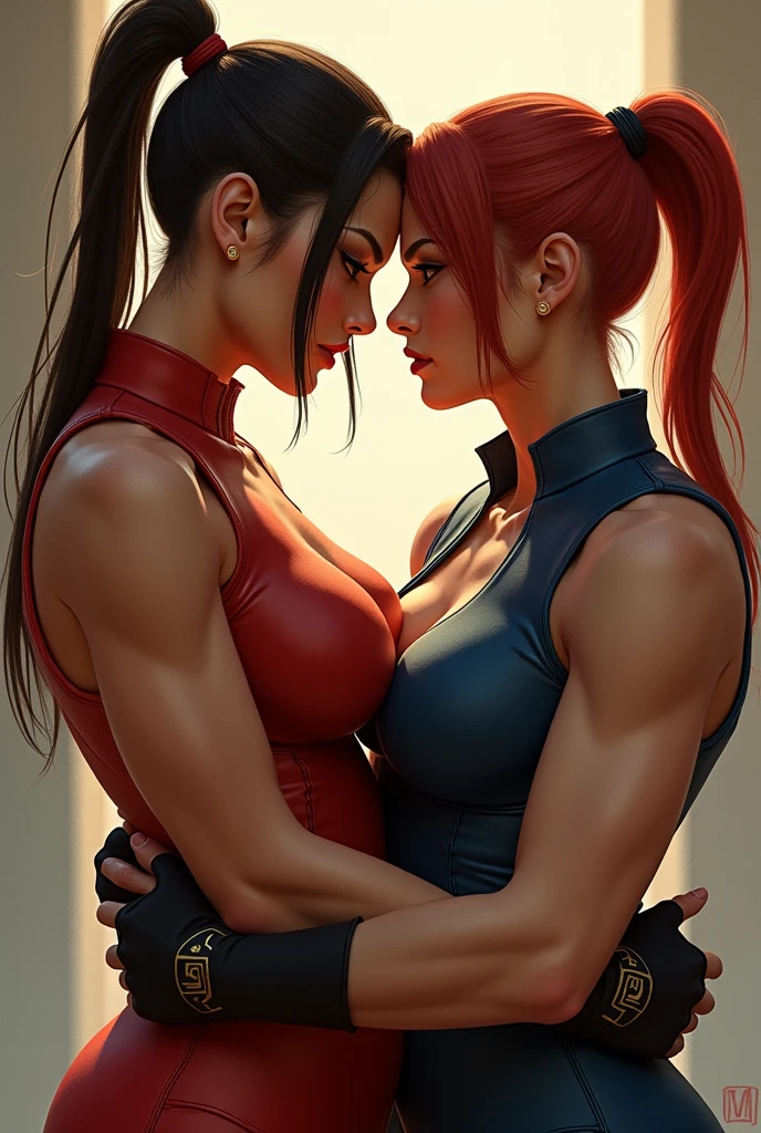 Two woman kissing, fMarisa 22 y.o trans female, 210 cm tall, short red hair, Poison 26 y.o 183 cm tall female, pink short bob hair, muscular body, fit toned body, big breast, big biceps, toned thighs, wider hips, round butt, small blue eyes, black sports bra, high waisted spandex shorts1.0, green short underwear1.2, red leggings1.0, white wall in the background,(facing viewer, looking at viewer) (red hair two braided) , brown eyes, full body shot, ultra realistic, legs stretched, detailed face, kissing each other, holding each other,