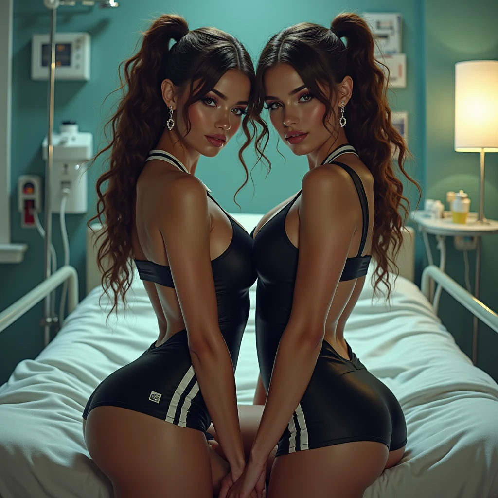 ((Best Quality)), ((Masterpiece)), (Detailed: 1.4), 3D, cyberpunk, a beautiful Lana Rhoades and Riley Reid with big breasts, with extremely sexy cosplay, (full body photo), (curvy accentuated body), retro-illuminated background, hugging, (naked)