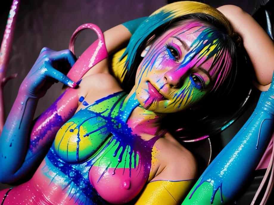 ((highest quality, 8k, masterpiece:1.3, 1 girl, beautiful girl)),((Big Breasts:1.3)), High resolution, cute, dynamism, Detailed face, Detailed skin, fine grain, Detailed lips, Realistic, RAW Photos, Natural light, Perfect Anatomy, Dynamic pose, Round ass, double eyelid, We say, Round eyes, Moist lips, Split Color Hair, Rainbow Hair, smile, ((Colorful liquid on the body, Colorful liquid, Colorful paint)), Colorful body, Colorful paint background, pubic hair, Colorful liquid dripping from the body, bangs, Hair Bun
