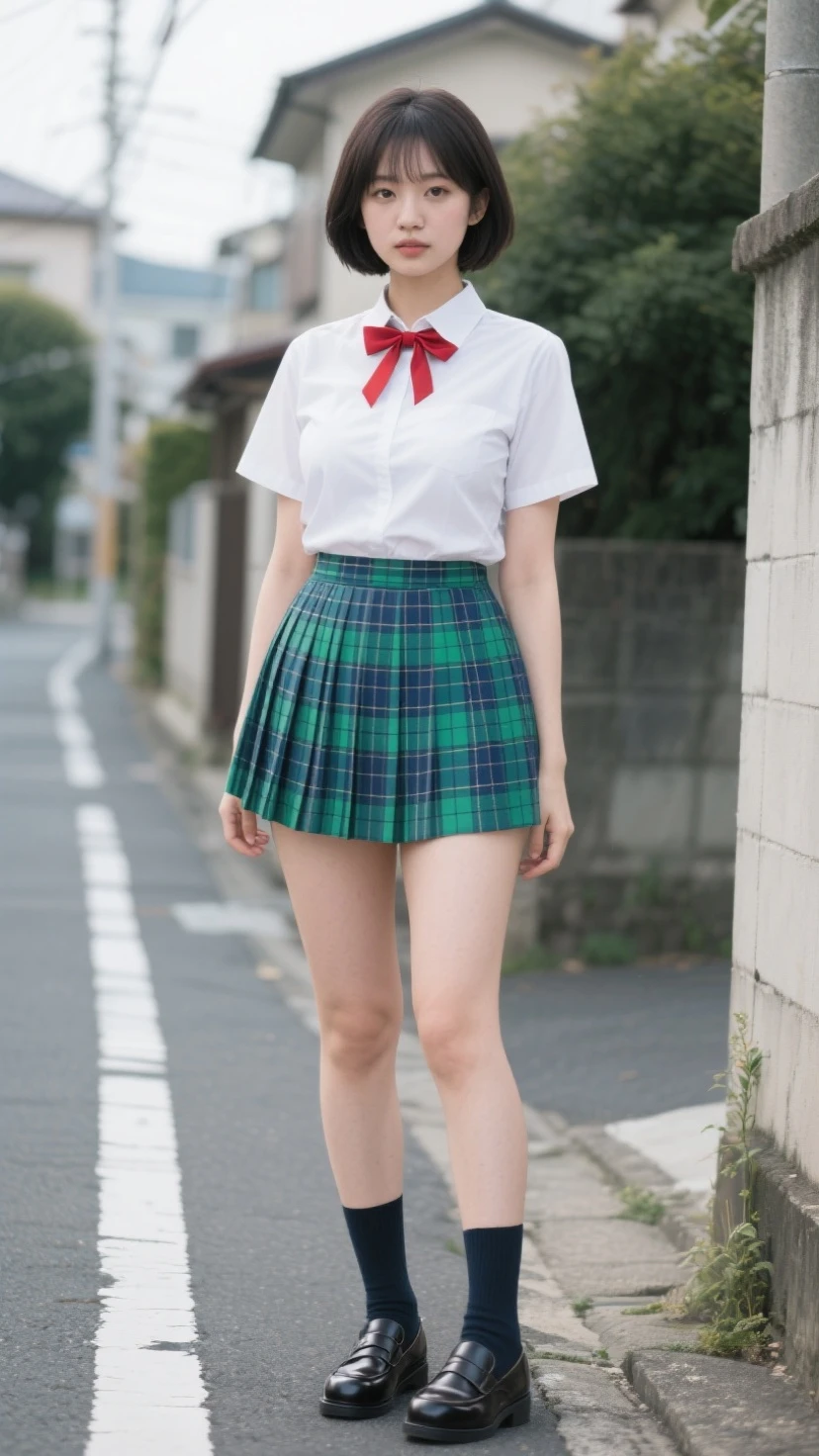 ((Whole body)),((Ultra detailed)),(small),(slim),((preschool age)),10 year old girl, school, moe style,short hair, embarrassed, ashamed, blushing, fitted uniform,camisa Short,(mini skirt, Short), holding a gift 
