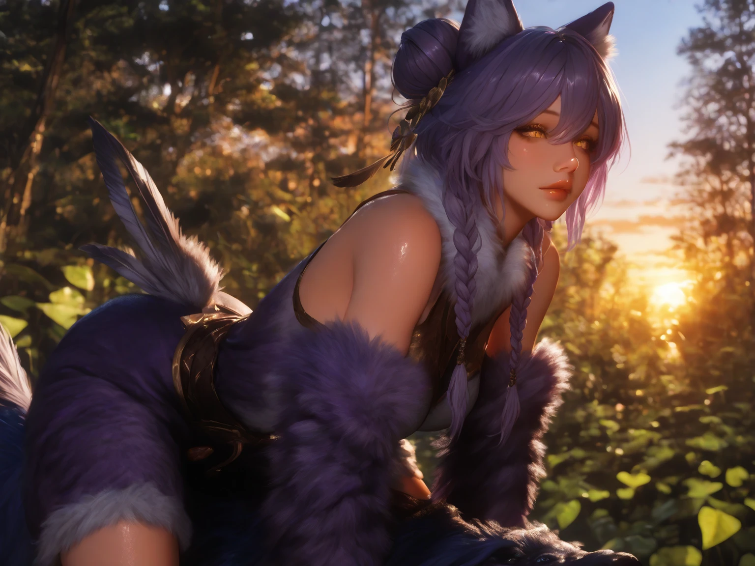 (masterpiece, top quality, best quality, official art, beautiful and aesthetic:1.2),(((Realistic, Photorealistic))). Actual image of a asia girl kneels gracefully. Silk outfit featuring purple and black tones, embellished with ornate gold patterns. Chinese ancient. Big breast. View to the viewer. She has long, flowing white hair and pointed, fox ears. (white hair). She has 9 tails of purple and white. Inspired by ahri from league of legends. Her expression is soft and inviting, enhancing her enchanting presence. Photos have high detail. High quality. Studio Lighting. White Background.