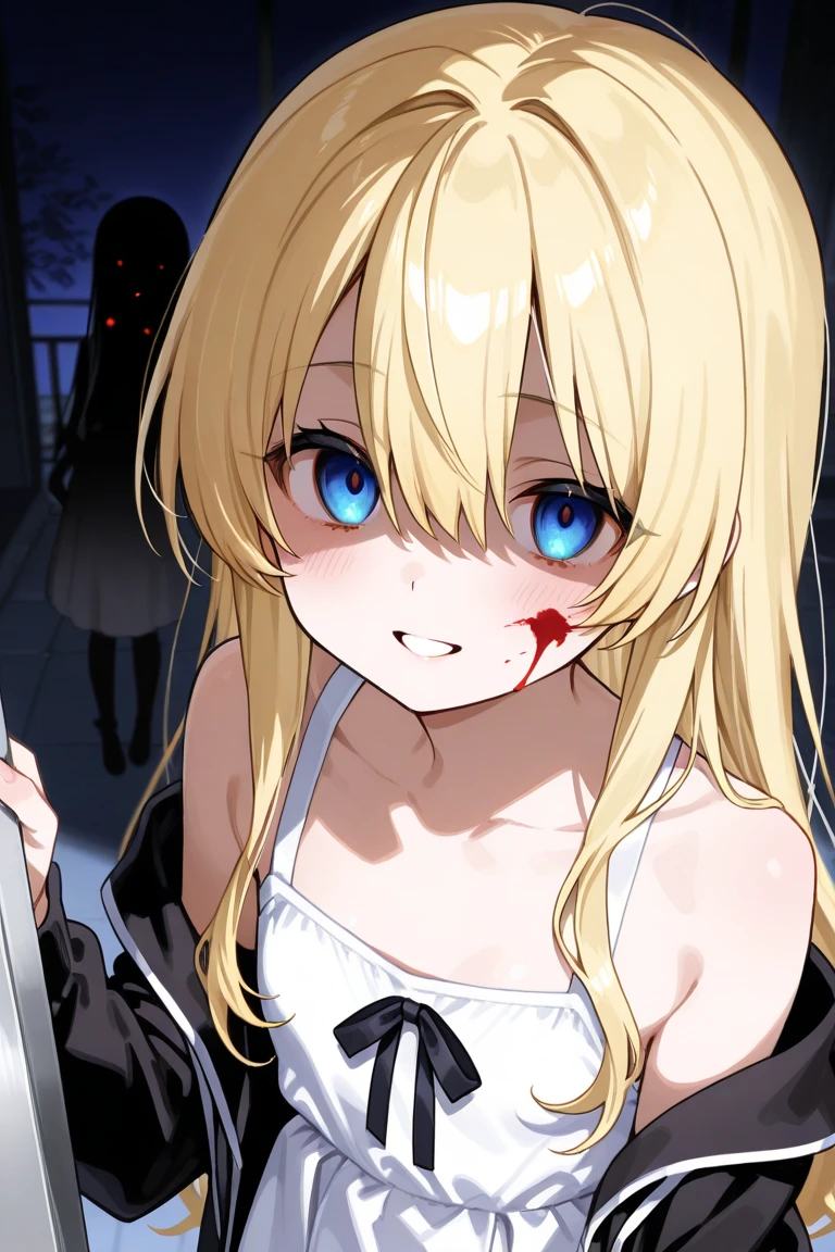 One girl, (Yandere:1.4), (Yandere trance:1.4), crazy, ((There was blood on my face)), Backlight, View your viewers, Blonde, Blue eyes, blush, smile, Yandere simulator, Glowing Eyes, evil smile, (Shadowed face:1.2)