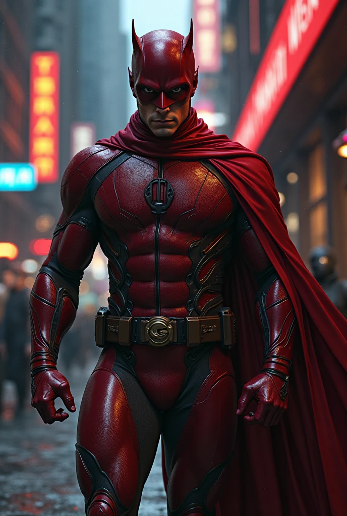 Magneto from X-Men, a middle-aged man in red costume, metal helmet, cape