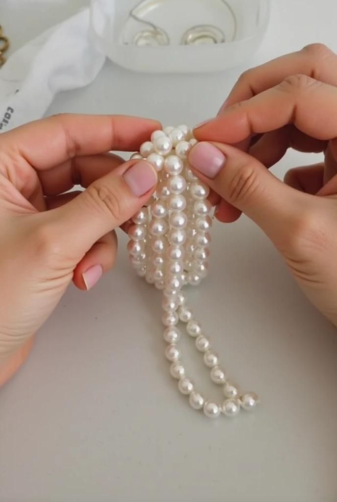 A string of pearls，On props，Pearls are shiny。